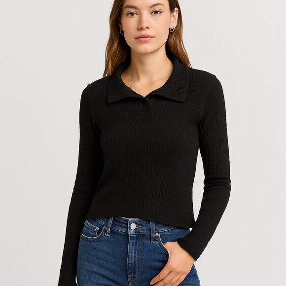 We The Free Black Waffle Knit Collared Long Sleeve Top - Picture 1 of 5